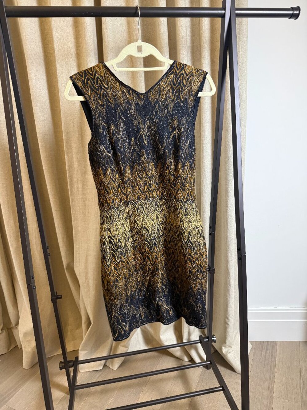 Missoni | Size 42 (U.S. 6) | V Neck Dress in Black, Gold, Tan, Orange, Beige